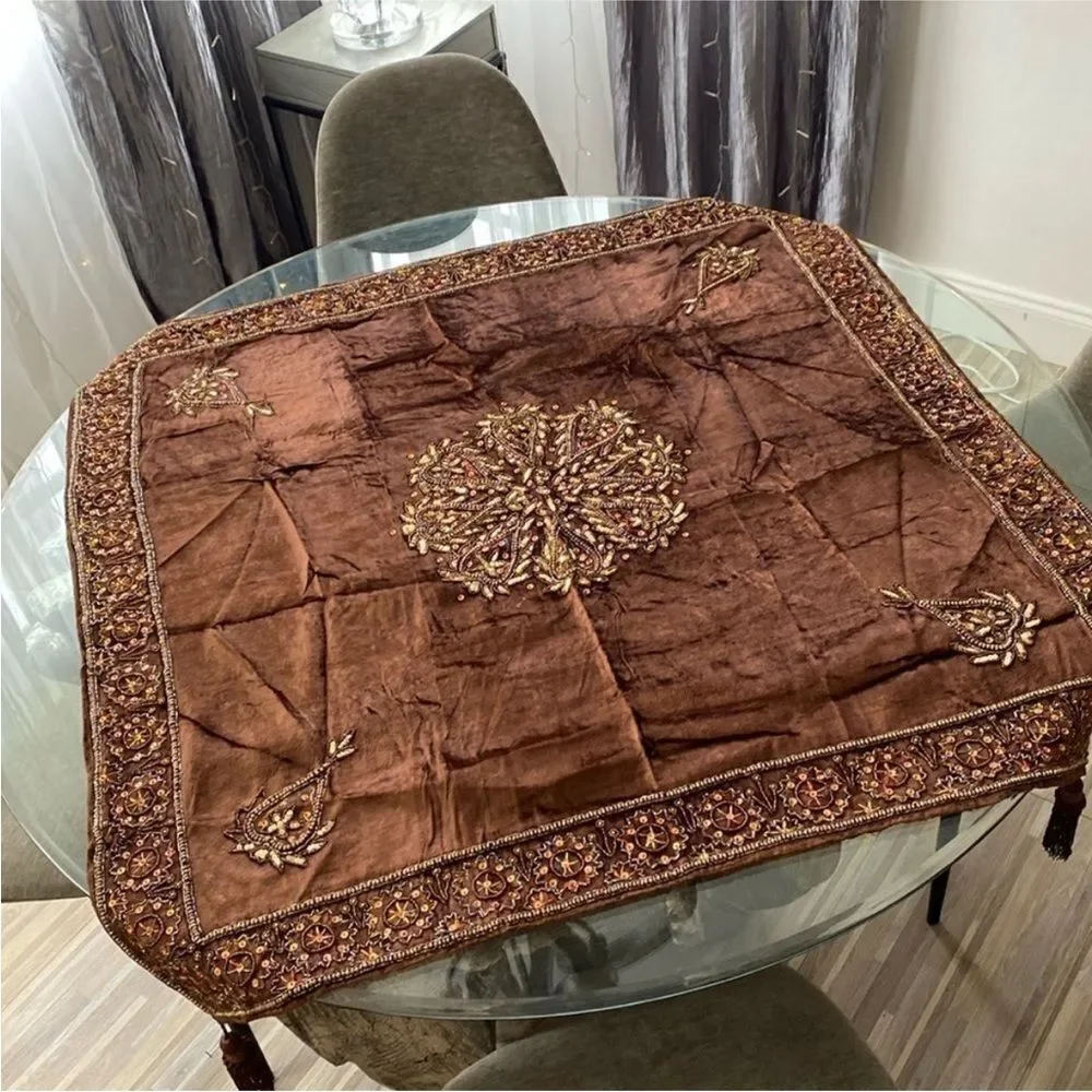 Elegant Brown Embroidered/embellished Tablecloth